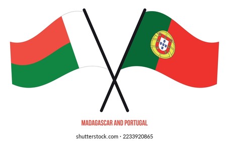 Madagascar and Portugal Flags Crossed And Waving Flat Style. Official Proportion. Correct Colors.