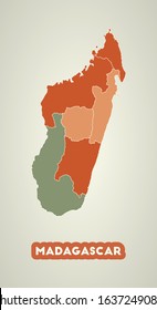 Madagascar poster in retro style. Map of the country with regions in autumn color palette. Shape of Madagascar with country name. Neat vector illustration.