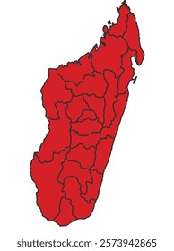Madagascar red map with border of regions outline vector