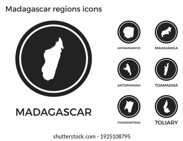 Madagascar regions icons. Black round logos with country regions maps and titles. Vector illustration.