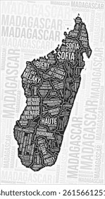 Madagascar regions map word cloud featuring Madagascar region names. Black and white map design. Trending vector illustration.