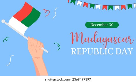 Madagascar Republic Day 30th December banner with hand holding Madagaskar flag