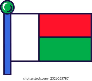 Bandera de la república de Madagascar en el vector de asta. Bandas horizontales rojas y verdes con campo vertical blanco. Símbolo patriótico país independencia territorio plano ilustración de caricatura