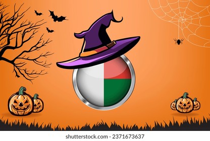 madagascar round flag with Happy Halloween banner or party invitation background. bats, spiders and pumpkins, orange background