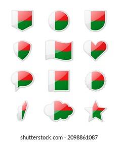 Madagascar - set of country flags in the form of stickers of various shapes. Vector illustration