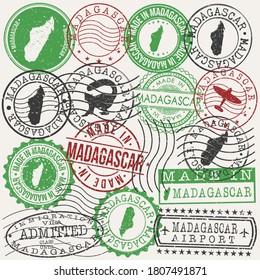 Madagascar Set of Stamps. Travel Passport Stamps. Made In Product Design Seals in Old Style Insignia. Icon Clip Art Vector Collection.
