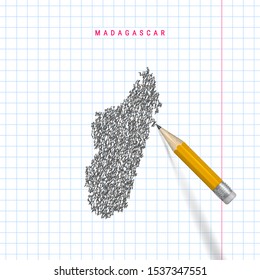 Madagascar sketch scribble vector map drawn on checkered school notebook paper background