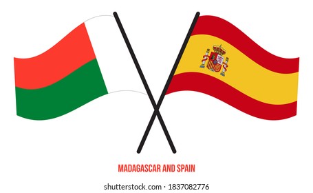 Madagascar and Spain Flags Crossed And Waving Flat Style. Official Proportion. Correct Colors.