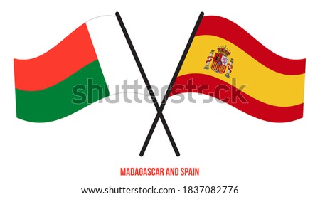 Madagascar and Spain Flags Crossed And Waving Flat Style. Official Proportion. Correct Colors.