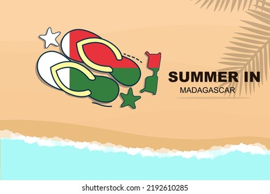 Madagascar summer holiday vector banner, beach vacation concept, flip flops sunglasses starfish on sand, copy space area, Madagascar summer travel and tourism idea with flag