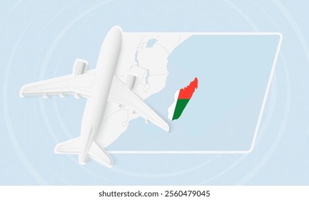 Madagascar Travel Illustration with Plane and National Flag. Ideal for travel agencies, promotional materials, or geographic content related to Madagascar.