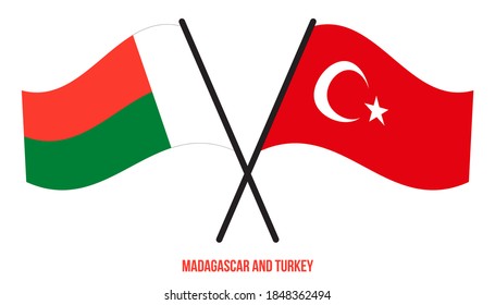 Banderas de Madagascar y Turquía cruzan y ondean estilo plano. Proporción oficial. Colores correctos.