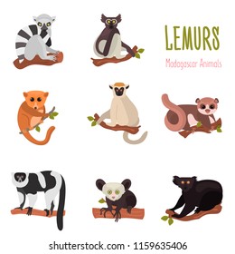 Madagascar unique lemurs color flat icons set