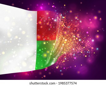 Madagascar, vector 3d flag on pink purple background with lighting and flares