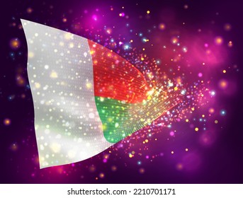 Madagascar, vector 3d flag on pink purple background with lighting and flares