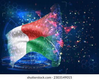Madagascar,  vector flag, virtual abstract 3D object from triangular polygons on a blue background