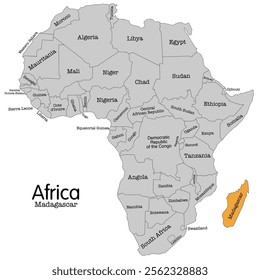 Madagascar vector map silhouette isolated on Africa map. Editable vector map of Africa.