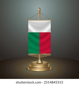 Madagascar Vertical table flag with golden pole on dark gradient background, Template banner vector Illustration