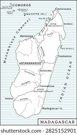 Madagascar vintage map with cities, rivers, islands, mountains. Colored. Vectored