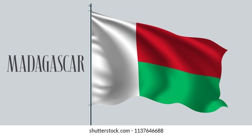 Madagascar waving flag on flagpole vector illustration. Red green element of Malagasy wavy realistic flag as a symbol of country 