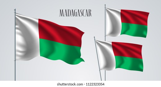 Madagascar waving flag set of vector illustration. Red green colors of Malagasy wavy realistic flag as a patriotic symbol 