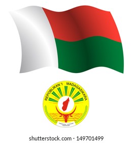 madagascar wavy flag and coat of arm against white background, vector art illustration, image contains transparency