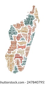 Madagascar word cloud in the shape of the country with region divisions. Typography style image featuring region names as tag clouds. Vector illustration.