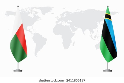Madagascar and Zanzibar flags for official meeting against background of world map.