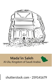 Mada'in Saleh pre-islamic archaelogical site in Saudi Arabia. Also called Al-Hijr or Hegra, it is situated at Al-Ula, Al Madinah Region of KSA. Available in Editable Isolated Vector.