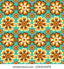 Madala seamless pattern illustration, with simple shapes and attractive colors. Decorated with small flowers too. Great for tablecloth designs, wrapping paper, sheets, etc