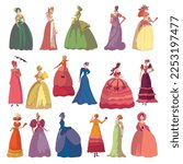 Madam Woman in Standing Pose Wearing Old-fashioned Dress or Ball Gown Big Vector Set