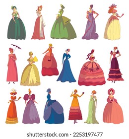 Madam Woman in Standing Pose Wearing Old-fashioned Dress or Ball Gown Big Vector Set