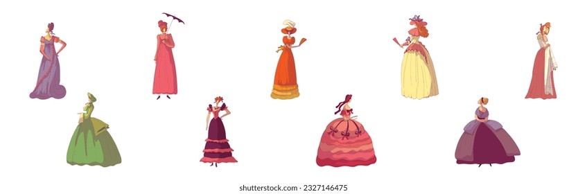Madam Woman in Standing Pose Wearing Old-fashioned Dress or Ball Gown Vector Set