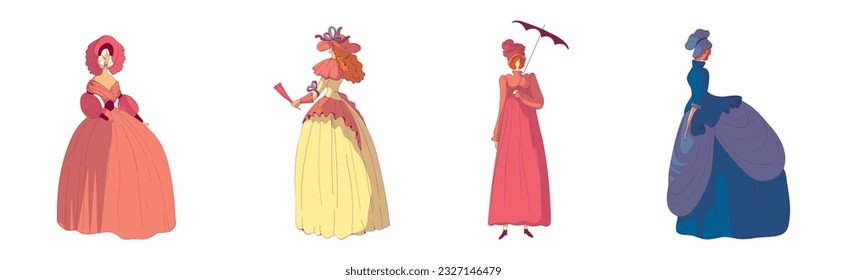 Madam Woman in Standing Pose Wearing Old-fashioned Dress or Ball Gown Vector Set