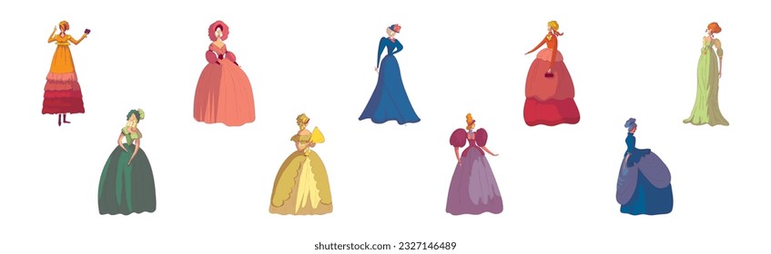 Madam Woman in Standing Pose Wearing Old-fashioned Dress or Ball Gown Vector Set