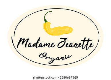 Madame Jeanette pepper oval logo sticker. Oval label with Suriname yellow pepper on beige background. Ready design for packaging tag. Seasonal badge for your product.