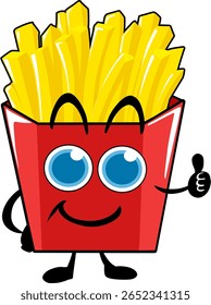 Caráter Madcot de batatas fritas fast food em papel caixa vermelha design plano ilustração stock. Estilo de desenho animado.