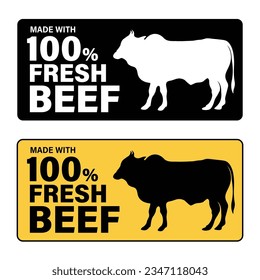 Made with 100 Percent Fresh Beef Meat, Packaging Sticker label Design, Flat Vector, Logo, Symbol, Icon, Badge, Pictogram, Printable banner, Premium Quality, Isolated illustration, Latest Modern Design