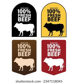 Fabricado con 100% de carne de ternera fresca, diseño de etiqueta adhesiva para embalaje, vector plano, logotipo, símbolo, icono, distintivo, pictograma, pancarta imprimible, calidad premium, ilustración aislada, diseño moderno más reciente