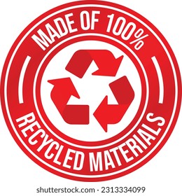 Made Of 100 Percent Recycled Materials Badge, Stamp, Logo, Emblem, Recycling Vector Icon, Recyclable Products, Packaging Design Elements, Plastic Bag, Bottle, Vector Illustration, Gradient Color