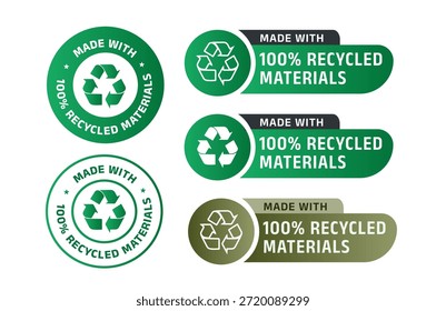 'Made with 100% Recycled Materials' Eco Friendly Label bundle. Set of green eco friendly labels with recycling symbol vector illustration.  green in color