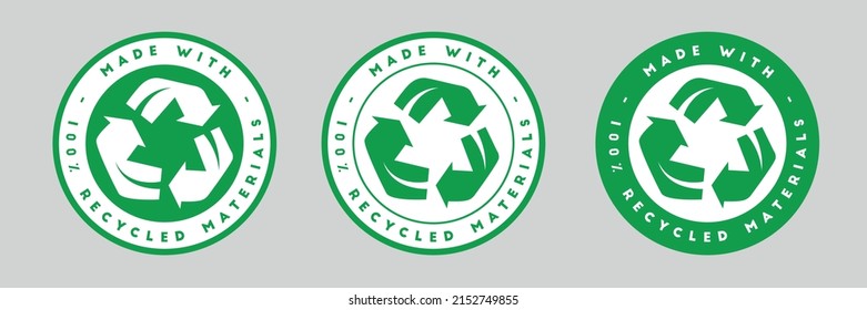 Fabricado con etiqueta de materiales 100% reciclados. Iconos de reciclaje con leyenda de hecho con materiales 100% reciclados. Fabricado con materiales 100% reciclados. vector sin fondo.