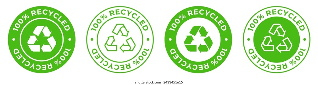 Made from 100 recycled materials label. Zero waste icon. Environmental reusable plastic illustration for product packaging logo, sign, symbol, badge or emblem isolated.