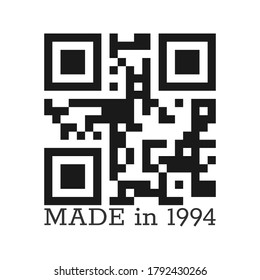 Hecho en 1965. Grabado estilizado vectorial con un código QR real. Ilustración vectorial para prendas de vestir, textiles y saludos aislados en un fondo blanco.
