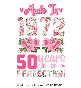 Made In 1972 50 years perfection

Trending vector quote on white background for t shirt, mug, stickers etc.
