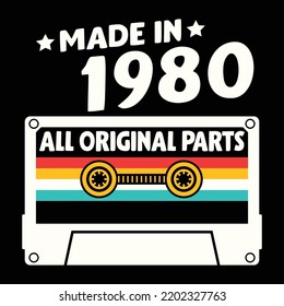 Made In 1980 All Original Parts, Vintage Birthday Design For Sublimation Products, T-shirts, Pillows, Cards, Mugs, Bags, Framed Artwork, Scrapbooking