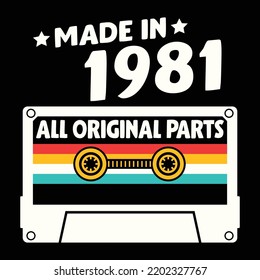 Made In 1981 All Original Parts, Vintage Birthday Design For Sublimation Products, T-shirts, Pillows, Cards, Mugs, Bags, Framed Artwork, Scrapbooking