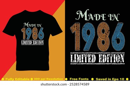 Feito em 1986 edição limitada velho Escola Retro Vintage Cassete Mixtape T-shirt Design moda vestuário estilo 80s e 90s vetor em EPS 10