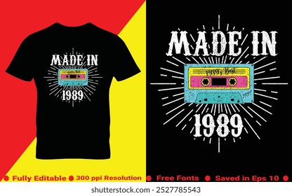 Feito em 1989 Old School Retro Vintage Cassete Mixtape T-shirt Design moda vestuário estilo 80s e 90s vetor em EPS 10