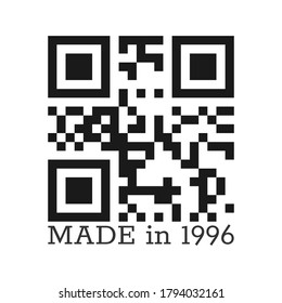 Hecho en 1996. Grabado vectorial estilizado con un código QR real. Ilustración para prendas de vestir, textiles y saludos. Ilustración vectorial aislada en un fondo blanco.